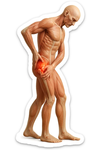 CORPO UMANO ANATOMICO DI PROFILO A FIGURA INTERA REALISTICO CHE SI TOCCA L'ANCA INFIAMMATA, DOLORE ALL'ANCA, IPERREALISTICO 4K sticker