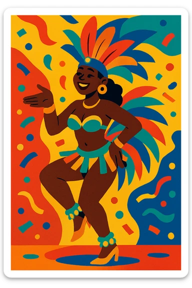 Black person performing samba, colorful carnival attire, dynamic movement, inviting gesture sticker