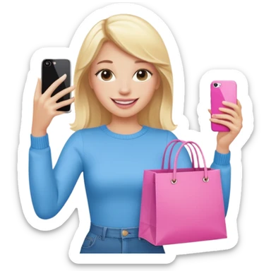 Blond influencer taking selfie with an iphone with one hand and a pink shopping bag in the other hand sticker