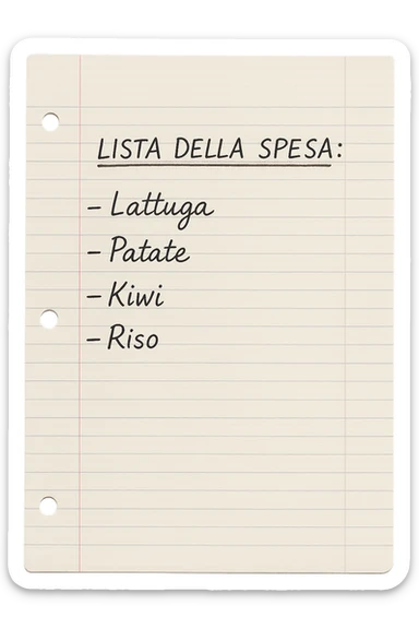 FOGLIO DI CARTA A RIGHE CON LISTA DELLA SPESA SCRITTA A PENNA:
"LISTA DELLA SPESA:
- Lattuga
- Patate
- Kiwi
- Riso", iperealistico 4k sticker
