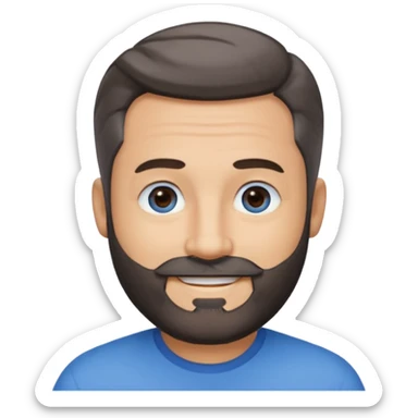 A middle-aged man with a medium black and gray beard, short dark hair cut to the scalp on the sides and combed back on top, blue eyes, smiling sticker