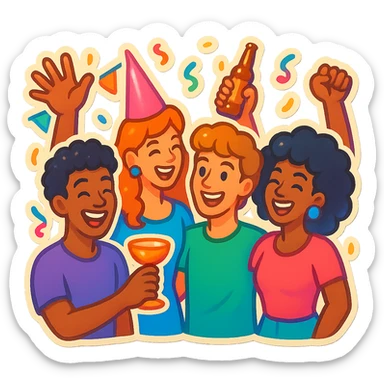 A group of friends at a party in retro stickers style, with a festive atmosphere and bright colors sticker