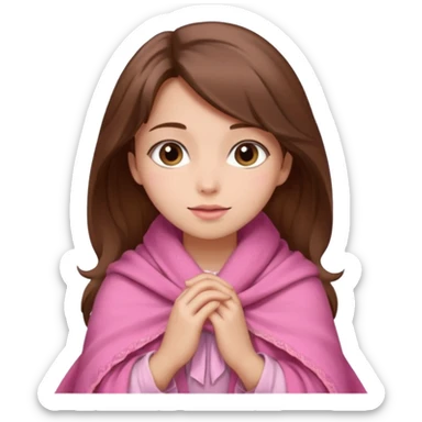 A girl with brown hair, wearing a pink shawl, has beautiful features and her hand rests on the shawl. sticker