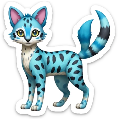 Colorful Meloetta-Sergal-Vernid-Serval-Civet-Genet-Pokémon-Digimon-Fakémon-fusion-hybrid-creature with Cyan stripes and blue leopard-spot-markings  sticker