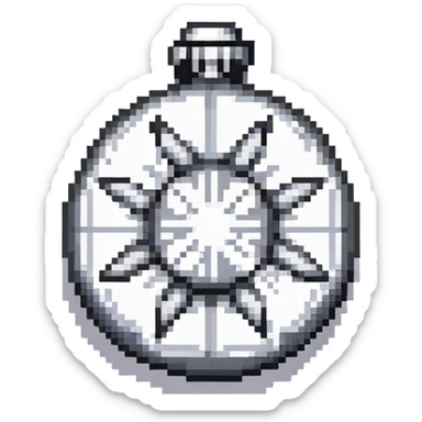 Black digital bomb with shuriken or ninja star ornament on top, round bomb body with silver highlights and details, sleek ninja-inspired design, pixel art style sticker