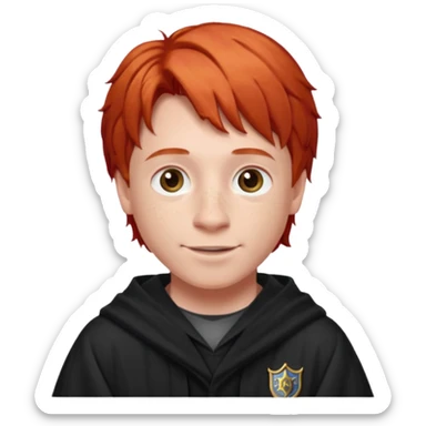 Create a realistic portrait of Ron Weasley with red hair, freckles, Hogwarts robe & warm smile. sticker
