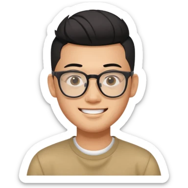 smiling Asian guy with black undercut hair, shaved sides, square frame glasses, modern and youthful sticker