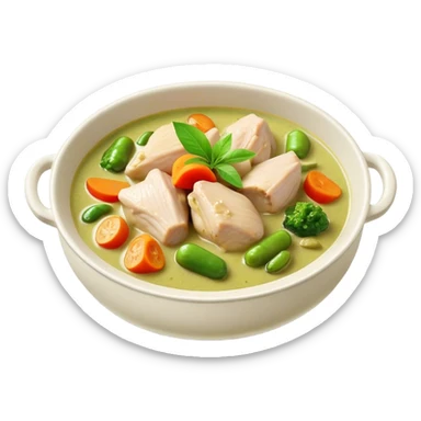 Green Chicken Curry Cinematic Realistic Green Chicken Curry Dish Emoji, depicted as tender chicken chunks simmered in a fragrant green curry sauce with vegetables, rendered with vivid textures and dynamic, vibrant lighting. sticker