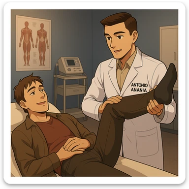 fai un webtoon manga a colori con questo stile, in cui un uomo è steso sul lettino medico e il kinesiologo con il camice bianco (fagli anche la scritta "ANTONIO ANANIA" SUL CAMICE, gli solleva una gamba per fargli il test neuromuscolare, IL KINESIOLOGO SPIEGA ALL'UOMO UNA cosa mentre gli alza la gamba. non fare i fumetti però, fai solo in modo che sembri stiano parlando sticker