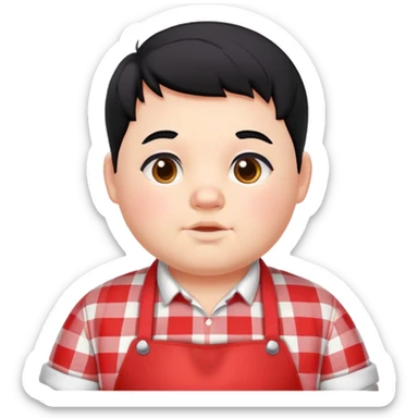 chubby boy with black hair styled upward in front, wearing a red and white checkered plaid apron sticker