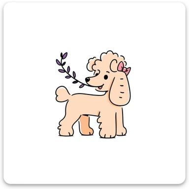 Peach-colored poodle with a narrow, short-haired face, hairstyle like Artemone. Long fluffy ears, each with a thin braid tied with a pink bow at the end. Happy face, smiling. A lilac branch in the mouth. sticker