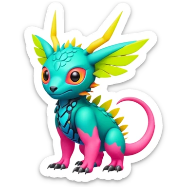 Tropical lush warm-colored modern colorful neon-colored cyber-Fakémon-Digimon-Trico-creature sticker