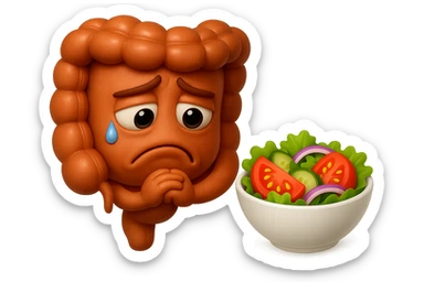 EMOJI STILE IPHONE DI UN INTESTINO UMANO ANATOMICO CHE GUARDA UN INSALATA CON ESPRESSIONE TRISTE E RASSEGNATA IN VOLTO: SOFFRE LA FAME PERCHé è A DIETA, FAGLI ANCHE LA PARTE BIANCA DEGLI OCCHI, NON SOLO LE PUPILLE, IPERREALISTICO 4K sticker