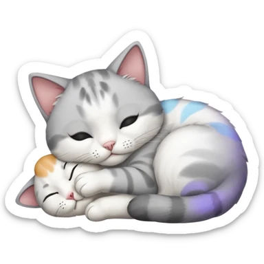 1 grey and white small cat with his eyes closed lying down leaning on his elbow with his paw curled under his head holding it up sticker