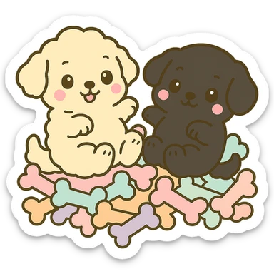 Change the small dog to a true black color, keeping the kawaii chibi style and transparent background. Leave the large dog and the pile of colorful bones unchanged. sticker