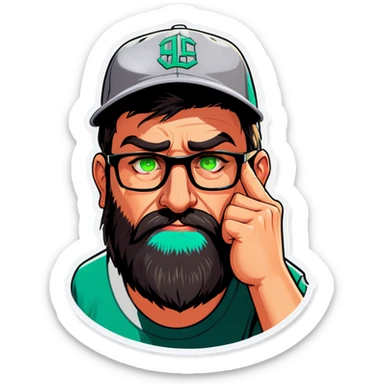 A man with a grey baseball cap, green eyes, big dark brown beard and glasses, facepalm sticker