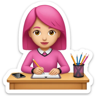 chica rosa pensando ideas con un escritorio sticker