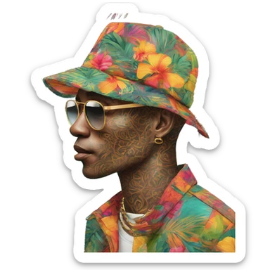 Person vaping wearing a colourful vibrant tropical patchwork of intricate vintage patterns, vape sticker