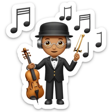 robot a sophisticated and elegant emoji that represents orchestration and arrangement. The design should feature a conductor’s baton, musical notes, and a symphonic score, symbolizing the process of arranging and orchestrating music. Incorporate instruments like a violin, trumpet, sticker