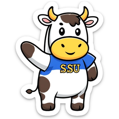 cow wearing a t-shirt that says SJSU sticker
