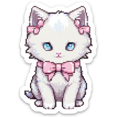 cute fluffy white kitten with a light pink bow sticker
