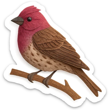 very detailed purple finch perched on a tree branch, intricate cut paper textures, raspberry-red head and chest, brown streaked body, realistic feathers sticker