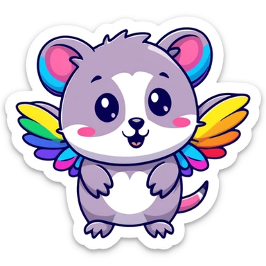 colorful possum with rainbow wings, sparkly halo, lots of glitter sticker