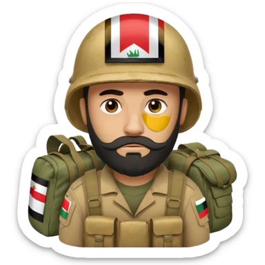 A very tired and sad, swarthy Iraqi soldier with a beard, an Iraqi flag on his helmet, a sad expression and bags under his eyes sticker