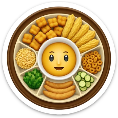 Plato redondo visto desde arriba con chicharrón crujiente dorado, acompañado de arroz frito con vegetales (zanahoria, arvejas, cebollín) y pequeños cubos de colores, sticker