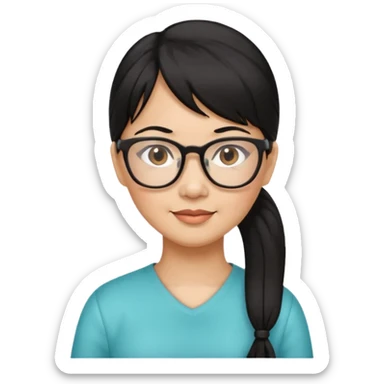 filipino woman black hair in one pony tail with straight bangs and big glasses, 50 yr old sticker