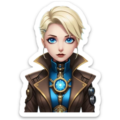 Dr. Nyx Oppen is a rogue quantum physicist turned cybernetic oracle. He exudes elegance, mystery, and futuristic sophistication, standing against the neon skyline of a cyberpunk city, with striking blue eyes and a refined, brass-accented steampunk outfit.  sticker