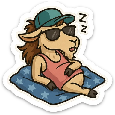 goat for Telegram stickers inspired by reference https://attic.sh/feoducyurkpqwz0la088soao98sx: wearing a cap, glasses, mullet hairstyle, pink drunkard tank top. спит на голубых тряпках с узором звездочка sticker