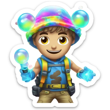 Caucasian boy at rave wearing a glowing outfit and glowing hat with bubble guns in each hand with bubbles all around sticker