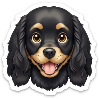 Cinematic Comical Black Cocker Spaniel Portrait Emoji, Head tilted dramatically with an exaggeratedly amused expression, featuring a shiny black coat with noticeable tan accents, wide, expressive dark eyes filled with playful disbelief, Simplified yet hilariously expressive features, highly detailed, glowing with a slightly sassy glow, high shine, dramatic yet playful, stylized with an air of cheeky mischief, bright and endearing, soft glowing outline, capturing the essence of a spirited and over-the-top companion, so meme-worthy it feels like it could side-eye its way into internet fame instantly! sticker