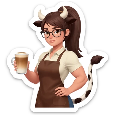 big buff woman in glasses with ponytail with extra large fat tits with cow ears and cow tail dressed like barista in brown apron with latte in his hand sticker