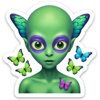 an alien with butterflies on hand sticker