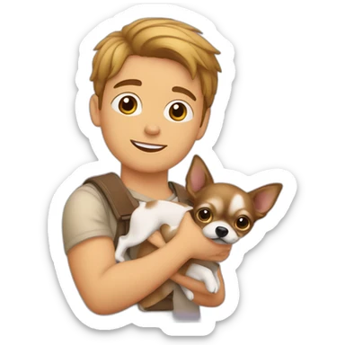 joven pelo rubio cargando un perro Chihuahua sticker