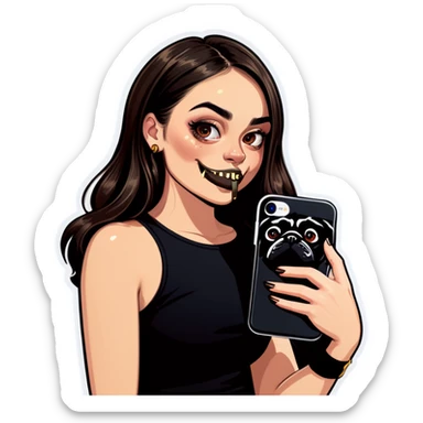 Beautiful young girl with choppy long dark brown hair flows over her her septum piercing is gold and shines as she holds her black phone and her large pug with an underbite layed beside her sticker