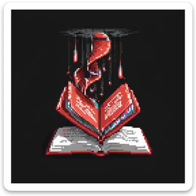 pixel art floating red book with pages turning, dark background, magical glow sticker