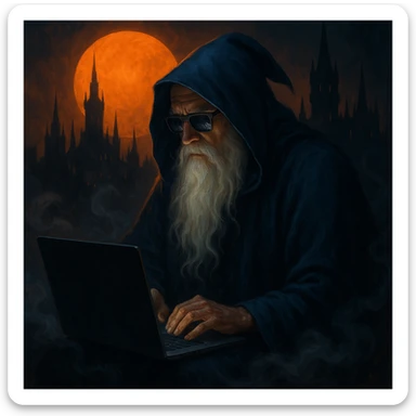 A modern technomancer: an old sage with a flowing white beard, deep blue hooded cloak, and sunglasses, focused on a laptop. He sits amid swirling smoke, with a glowing orange sun or moon and a gothic city skyline with spires in the background. Dramatic lighting with warm orange and cool blue/black tones. sticker