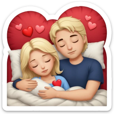 Sleeping romance couple. man has dark hair. woman is blonde. hearts around them. no third person. sticker