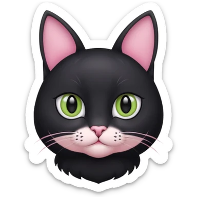 a black cat with black pupils and white eyes, with soft pink ears, looking to the side in an Apple-style sticker
