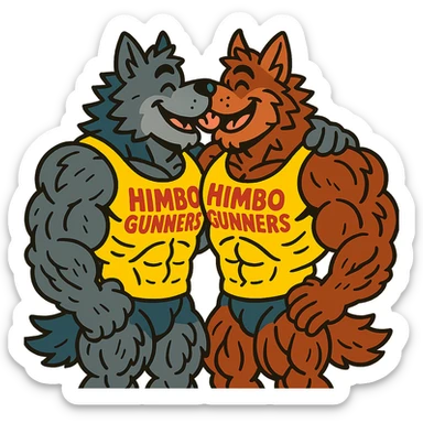 two hyper-muscular wolf furry characters in 'Himbo gunners' t-shirts, kissing, big smiles, playful and affectionate, oversized and detailed muscles, intricate fur, ultra high quality sticker