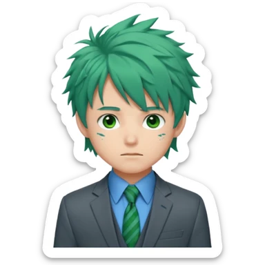 deku : boy anmie green hair green eyes in a ua gray jacket and blue tie suit with frenkles messy hair and black on the bangs sticker