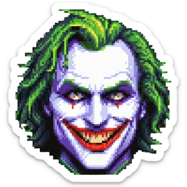 Joker face close-up with exaggerated smile, pixel art style sticker