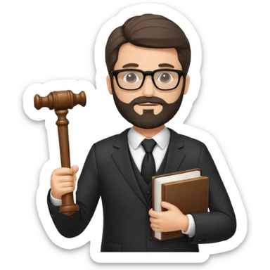 Create a male lawyer. he is wearing a fromal suit jckeret. He is holding a gavel in one hand and a book tucked under his another arm. He has beard and glasses without the glass lol. And the hair is kinda darker but not black sticker