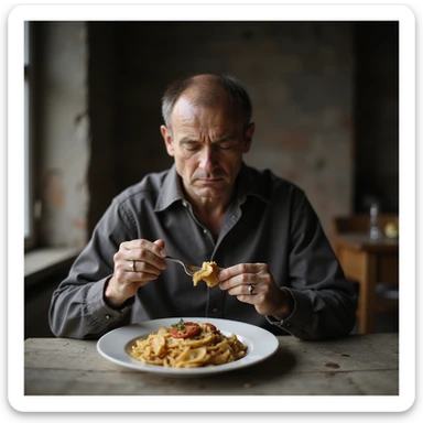 uomo di circa 20 anni, triste, che mangia un piatto di pasta, espressione triste, iperrealismo 4K, variazione 8 sticker