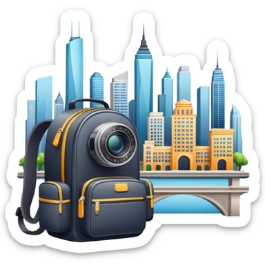 Icon for Urban Tourism: city skyline with iconic buildings, a camera and a backpack. The icon should represent the exploration of urban destinations, with elements like streets, landmarks, and vibrant city life. Transparent background. sticker