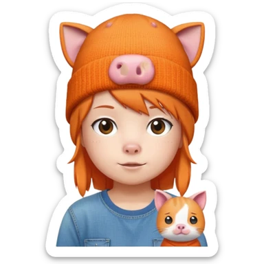 a colorful beanie, orange shirt with a cartoon pig and Japanese text, denim shorts, and accompanied by a small pixelated orange cat.  sticker