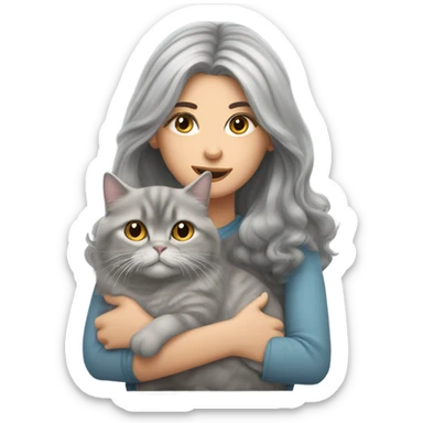 blow out haired woman snuggling grey tabby persian cat sticker